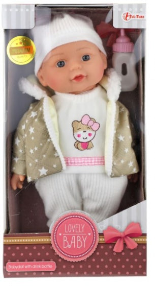 Babypop met winterkleren en flesje 32cm