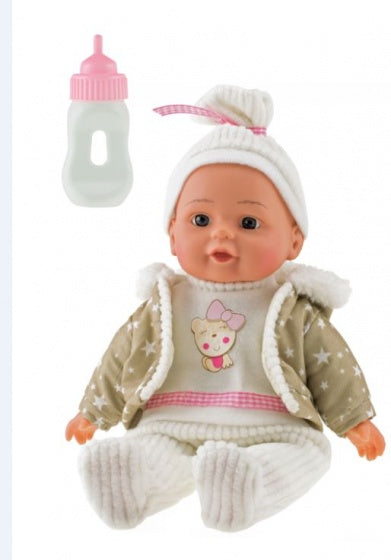 Babypop met winterkleren en flesje 32cm