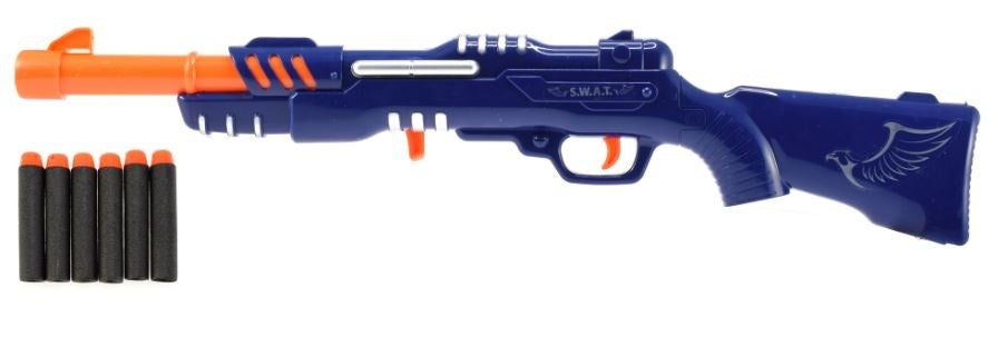 Militaire shotgun blauw/oranje met 6 foampijlen 29 cm