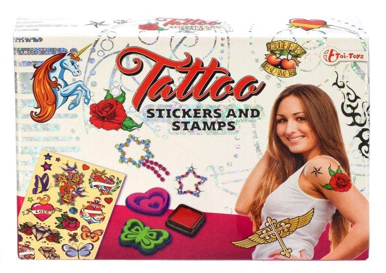 tattoobox met stickers en stempels 15 cm