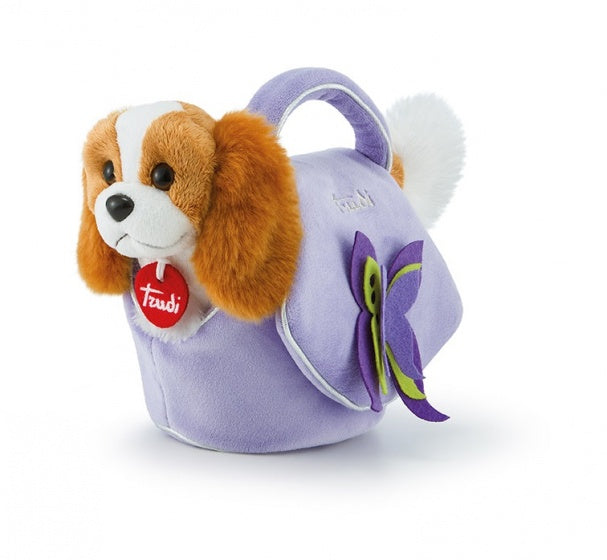 knuffel hondje in lila tas bruin/paars 11 x 18 x 26 cm