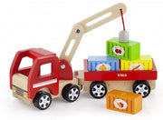houten kraanwagen met accessoires 29 cm rood