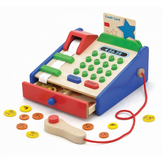 houten speelgoedkassa 18 cm multicolor