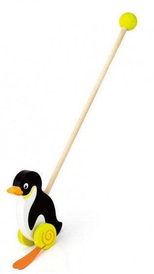 houten stokroller pinguïn 56 cm zwart/geel