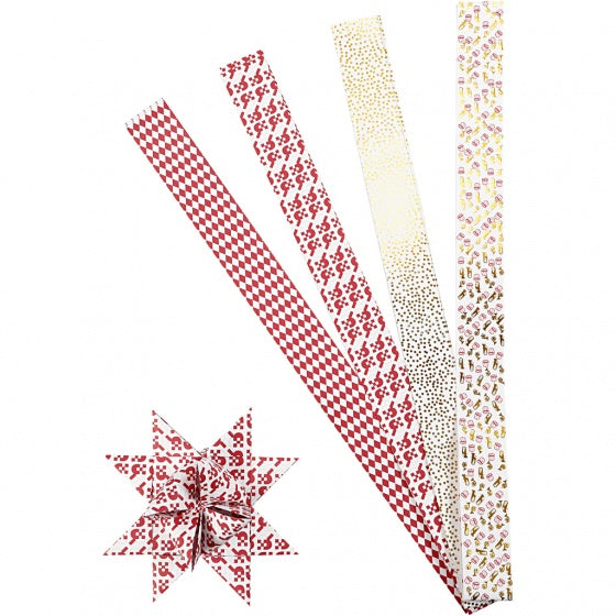 papieren XL vlechtstroken 100 cm rood/wit/goud 40 stuks