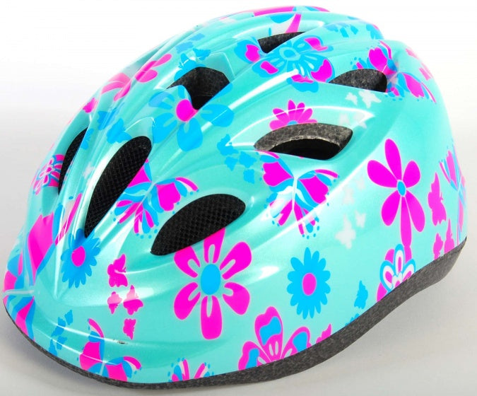 kinderhelm bloemetjes 47-51 cm blauw/roze