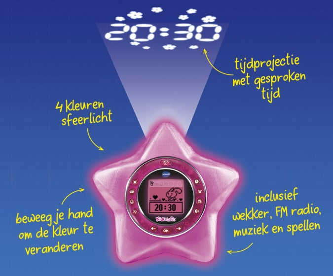 KidiMagic StarLight wekker met sfeerlicht 22 cm roze